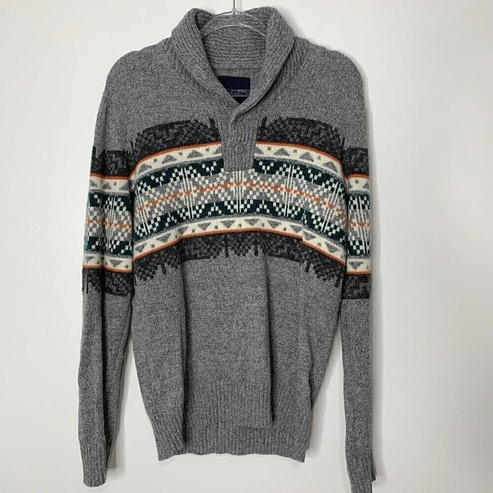 Grandpa Sweater Shawl Wool‎ Blend M Tribal Knit Pullover